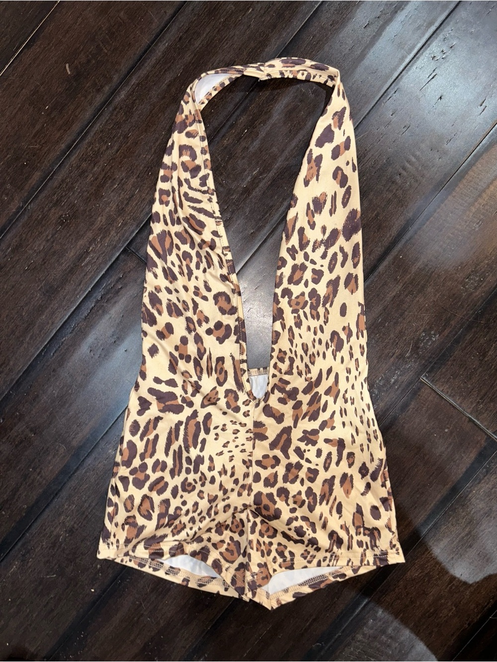 New XXS Shein Alexandranx Leopard Print Plunge Halter Romper playsuit jumpsuit - Picture 5 of 7